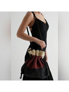 Express Black Tan Brown Woven Straw Drawstring Bag NWT